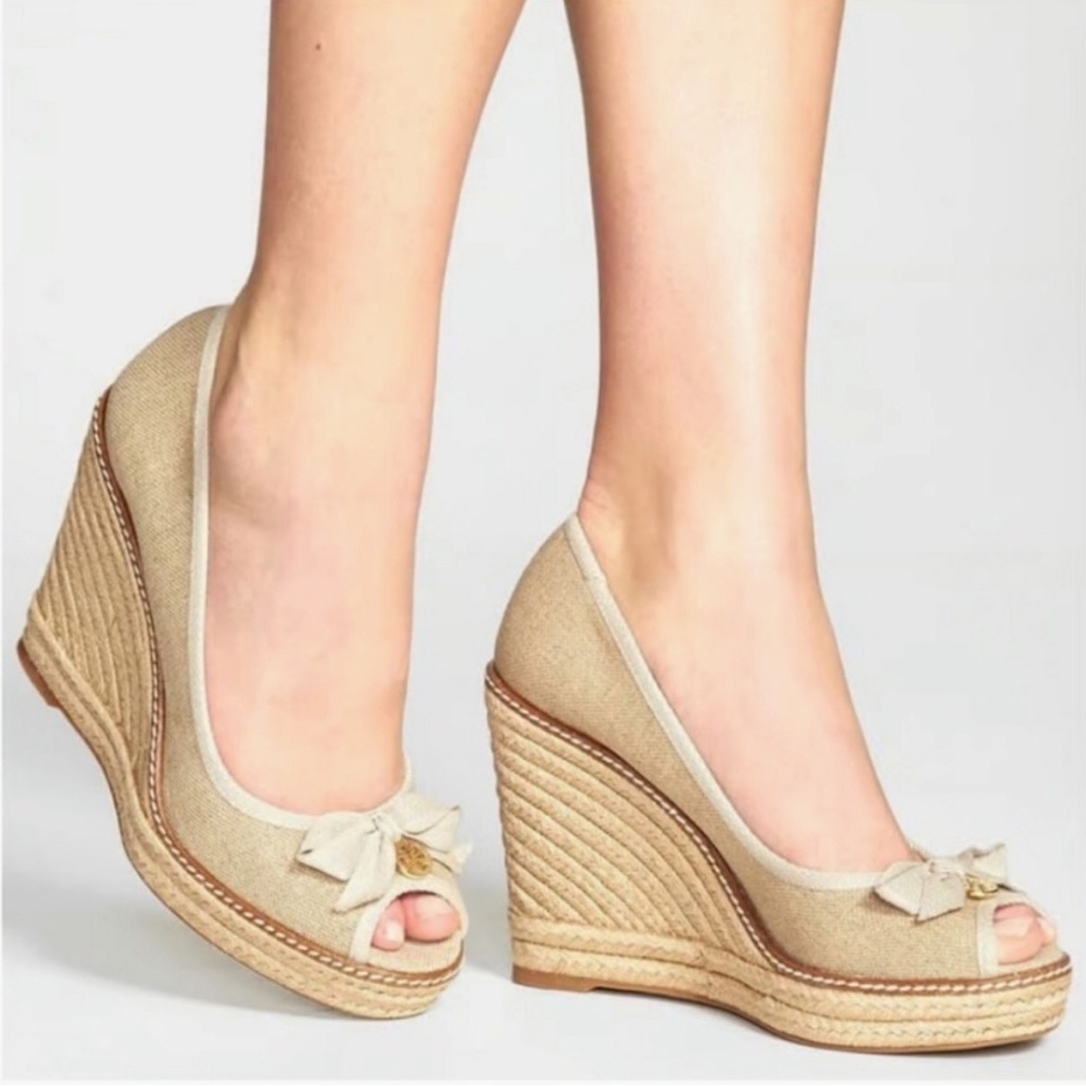 Tory Burch Jackie Canvas Natural Peep Toe Espadrille Wedges
